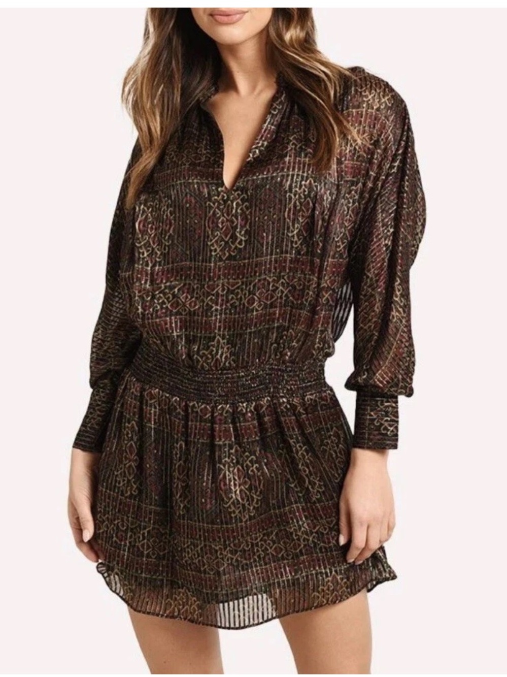 FRAME Party Paisley Metallic Silk Mini Dress XS Smocked Waist Lined